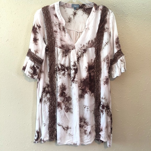 VIzio USA Brown & Tan Tie Die Bell Sleeves Tunic S - Picture 7 of 9
